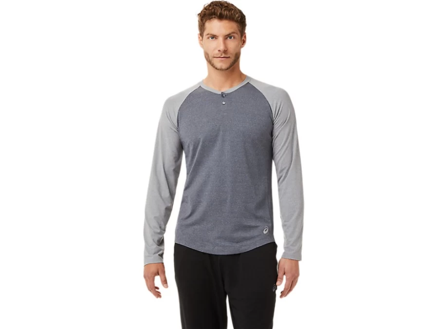 ASICS Men's M PERF LS Henley T-Shirt - Carrier Grey Heather/Sheet Rock Heather