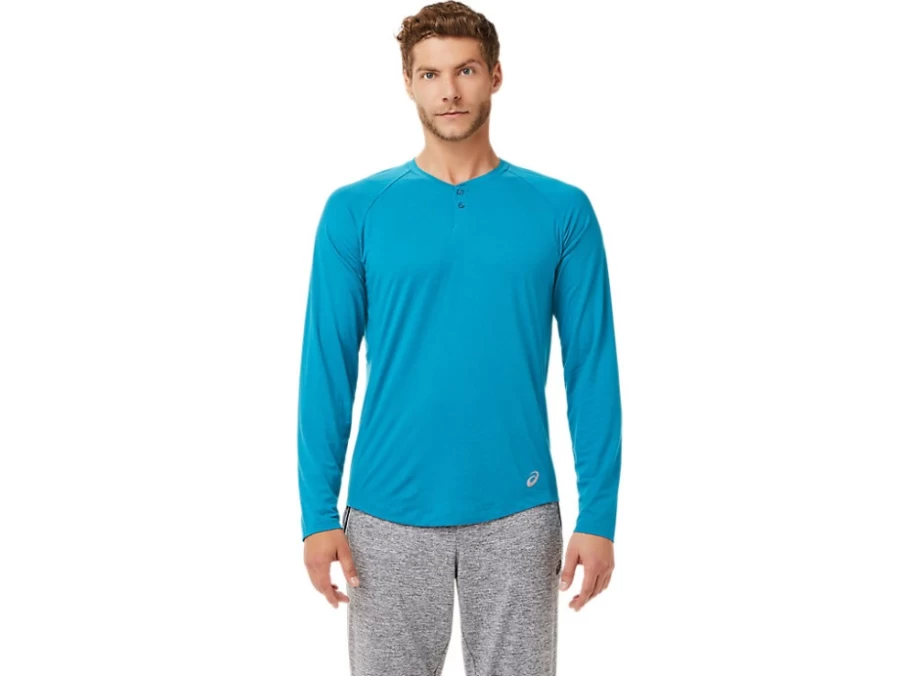 ASICS Men's M PERF LS Henley Teal Blue Heather Long Sleeve Performance Shirt