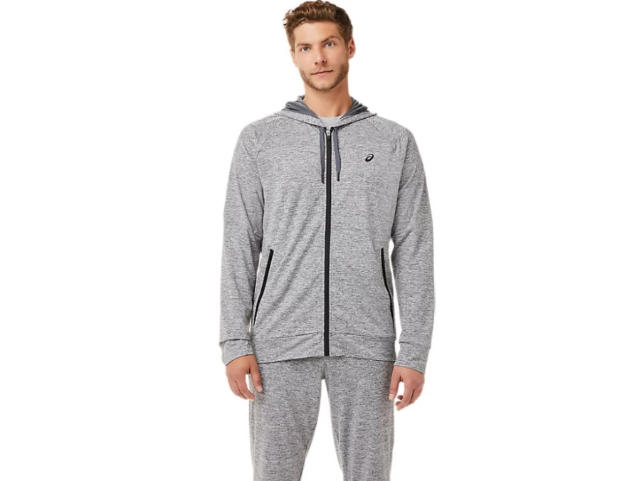 ASICS Men's Carrier Grey Heather Tech Full Zip Hoodie - Lightweight Performance Sweatshirt