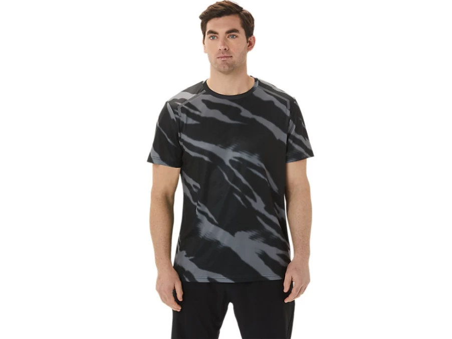 ASICS Men's Performance Black/Graphite Grey All Over Print Short Sleeve Seasonal Top