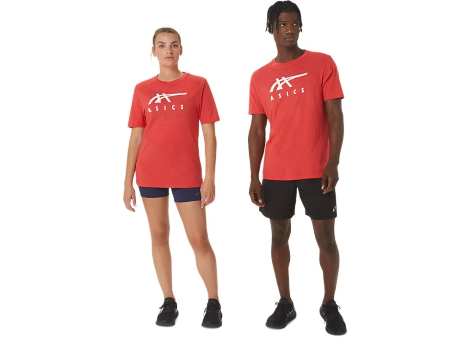 ASICS Unisex Classic Red Heather Stripe Short Sleeve Tee