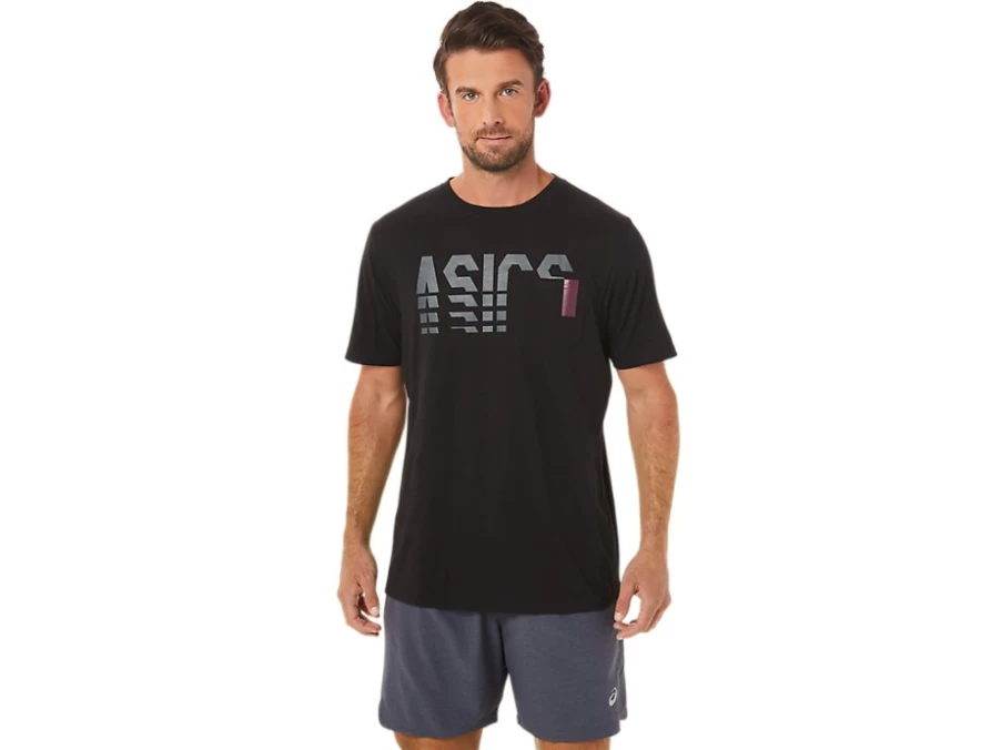 ASICS Unisex Performance Black Striped Short Sleeve Pocket T-Shirt