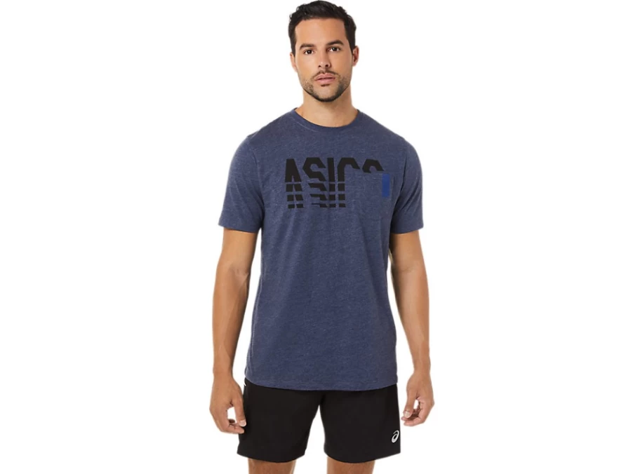 ASICS Unisex Peacoat Heather Striped Short Sleeve Pocket T-Shirt