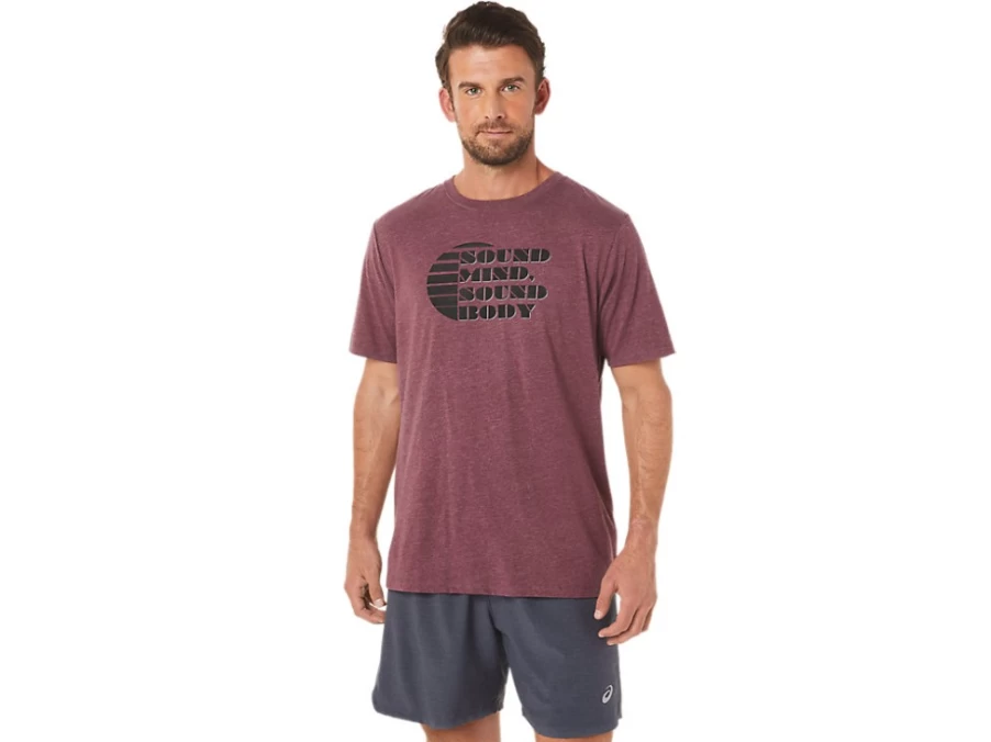 ASICS Unisex Deep Mars Heather Short Sleeve Rise Slogan Tee - Casual Comfort Fit T-Shirt