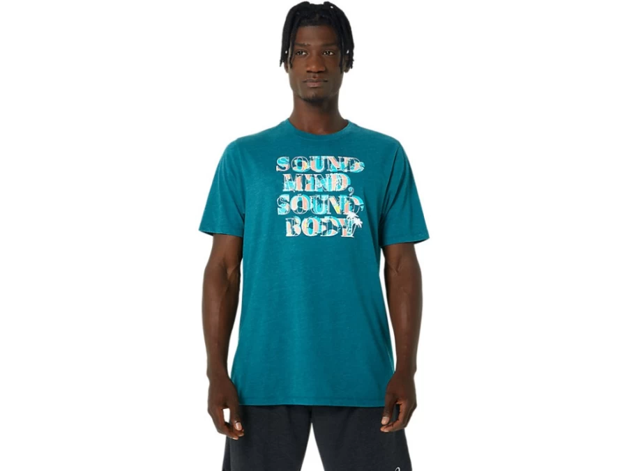 ASICS Men's Hibiscus Slogan Tee in Velvet Pine Heather - Casual Short Sleeve T-Shirt