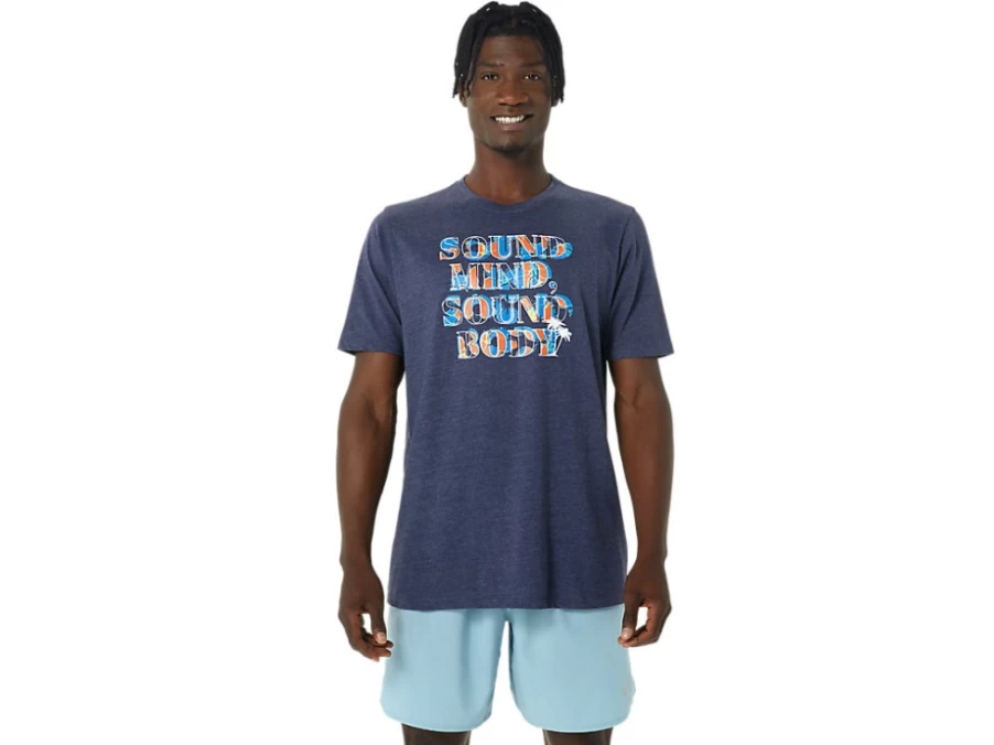 ASICS Men's Peacoat Heather Hibiscus Slogan T-Shirt