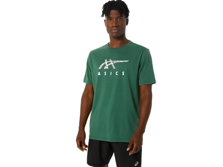 ASICS Men's Holiday Lights Logo Crew Neck Sweatshirt in Hunter Green