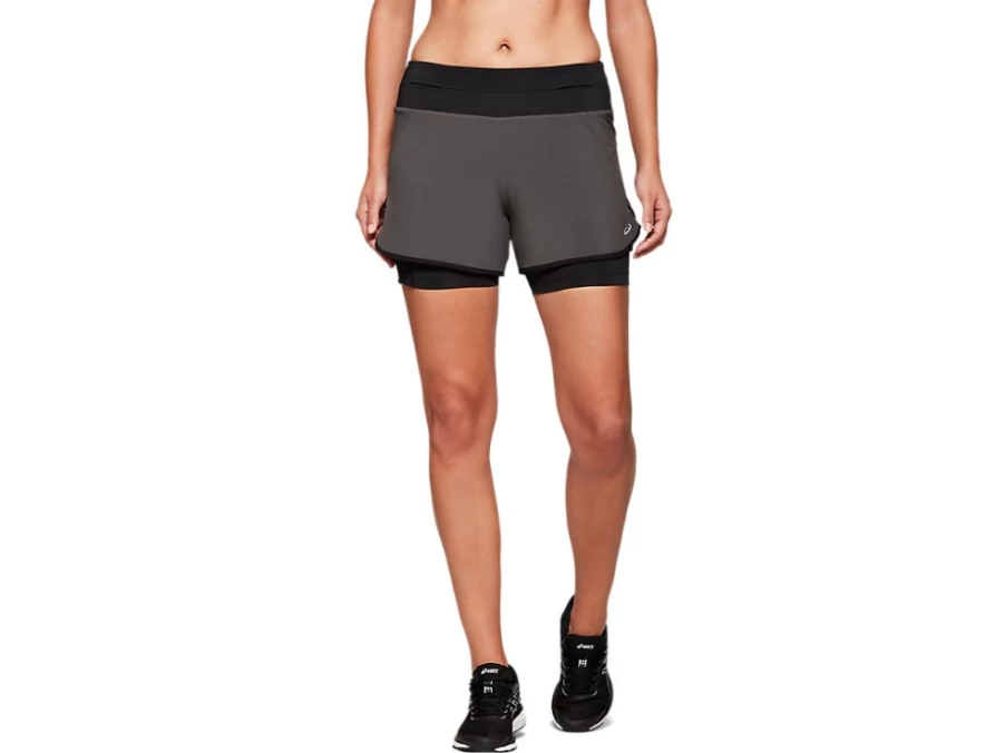 ASICS Women's I Move Me 2-in-1 4" Shorts in Dark Grey/Performance Black