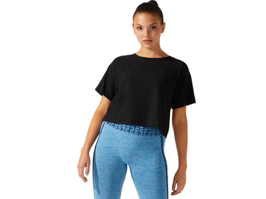 ASICS Women's Cropped Short Sleeve Top - Performance Black Jacquard Logo Design