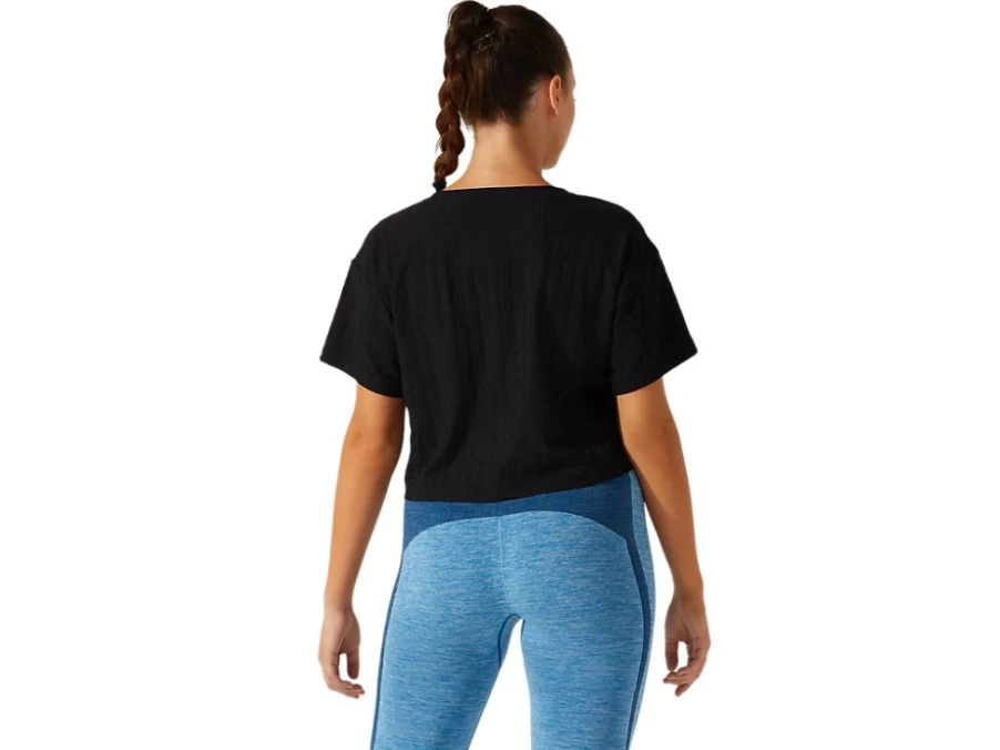ASICS Women's Cropped Short Sleeve Top - Performance Black Jacquard Logo Design