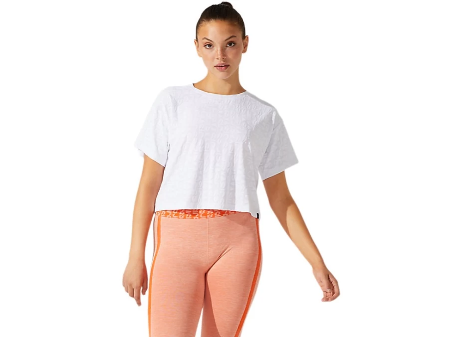 ASICS Women's Cropped Short Sleeve Top - Brilliant White Jacquard Logo Design