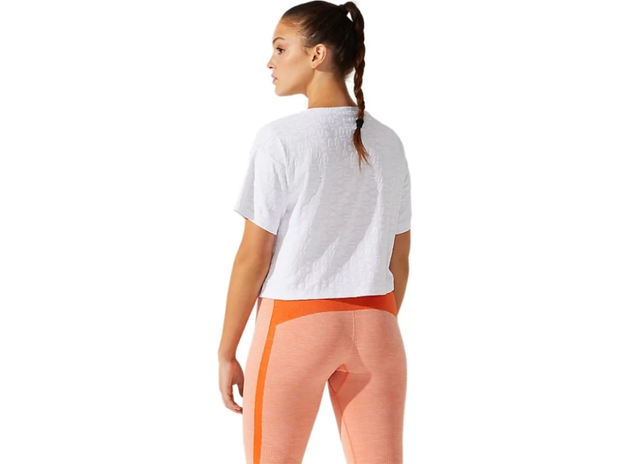 ASICS Women's Cropped Short Sleeve Top - Brilliant White Jacquard Logo Design