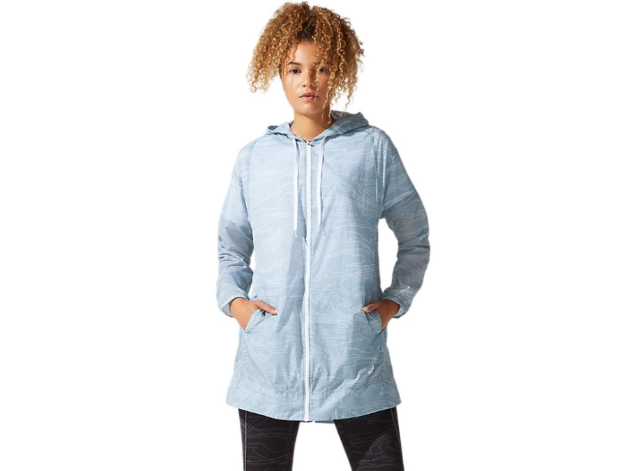 ASICS Women's Smoke Blue Airy Woven Long Jacket - Lightweight Breathable Outerwear