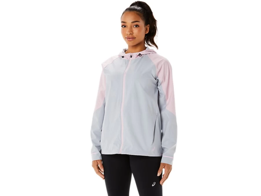 ASICS Women's Piedmont Grey & Barely Rose Waterproof Running Jacket - Lightweight Windbreaker