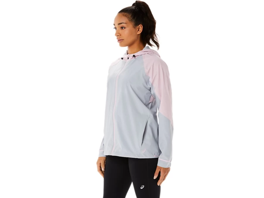 ASICS Women's Piedmont Grey & Barely Rose Waterproof Running Jacket - Lightweight Windbreaker
