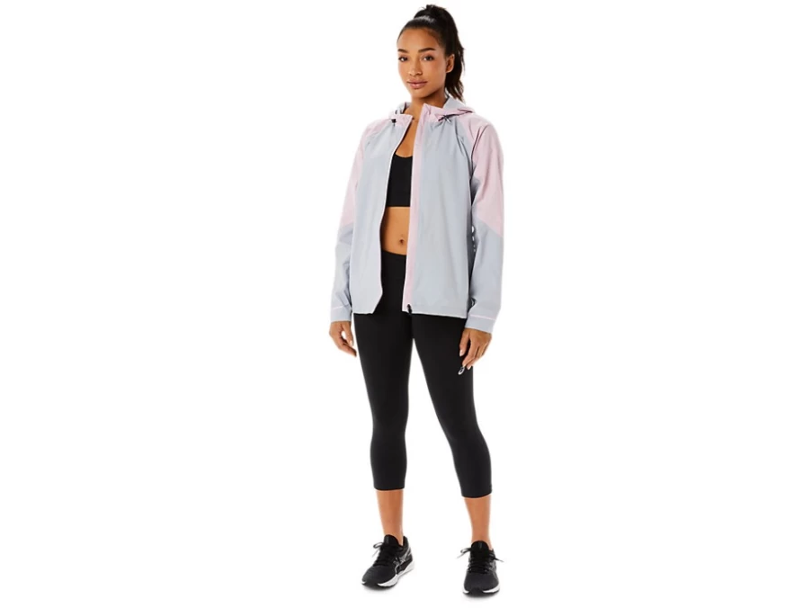 ASICS Women's Piedmont Grey & Barely Rose Waterproof Running Jacket - Lightweight Windbreaker