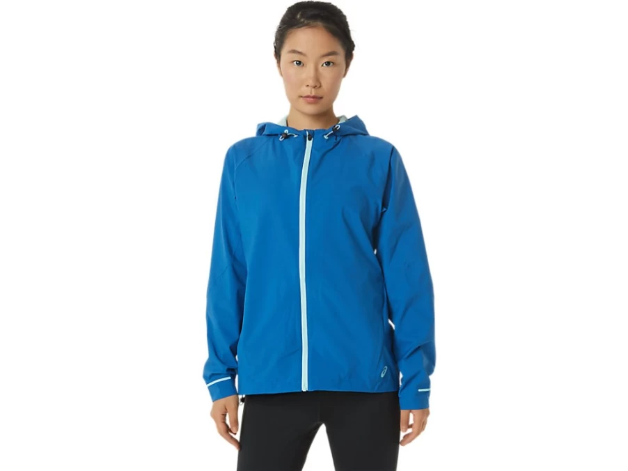 ASICS Women's Lake Drive/Clear Blue Waterproof Jacket – Lightweight Windproof Outdoor Shell