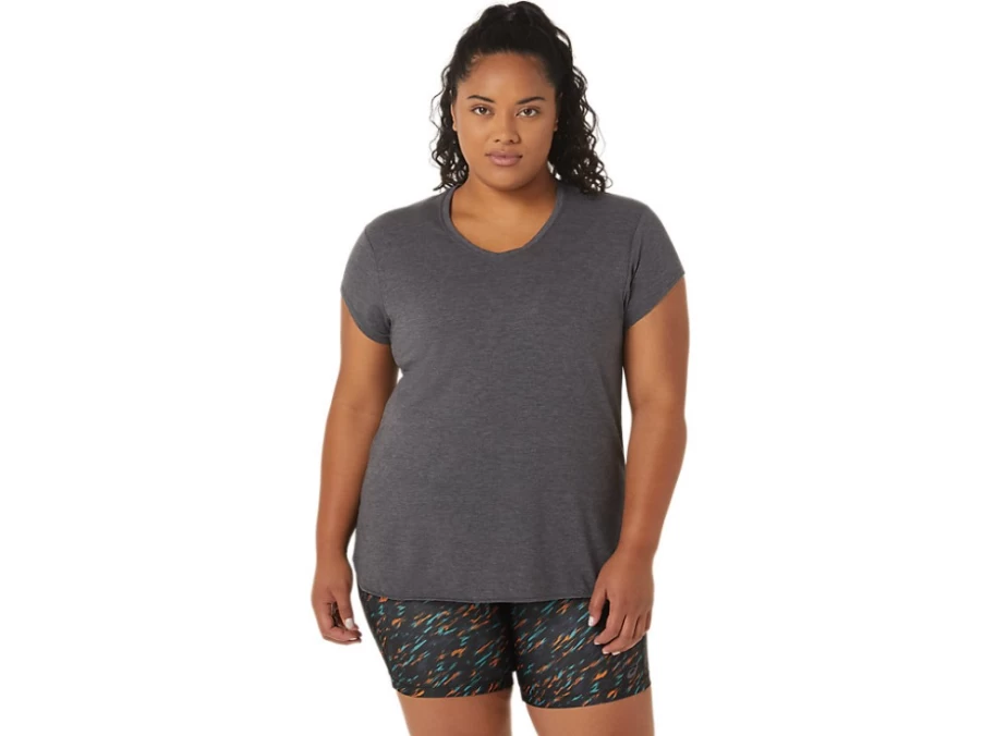 ASICS Women's Dark Grey Heather V-Neck Top – Soft Casual Tee for Women