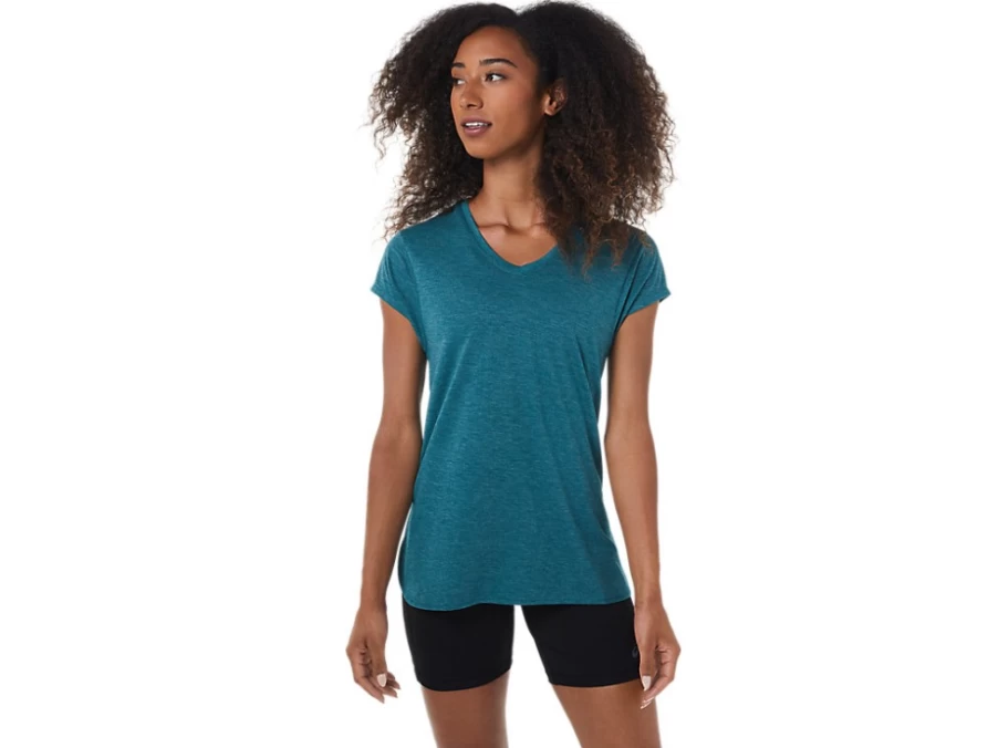 ASICS Women's Velvet Pine Heather V-Neck Top - Soft Comfortable Heather Fabric