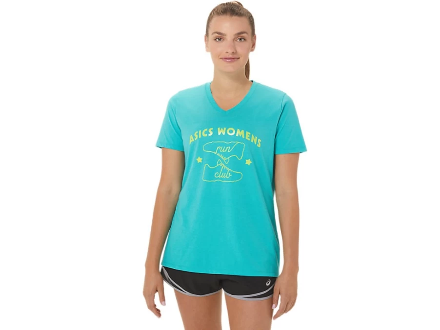 ASICS Women's Run Club V-Neck T-Shirt in Sea Glass | Lightweight Running Top for Women
