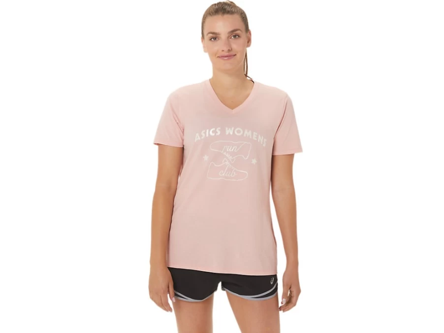 ASICS Women's Run Club V-Neck T-Shirt in Frosted Rose | Lightweight Running Top for Women