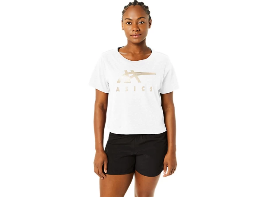 ASICS Women's Brilliant White Stripes Box Fit Short Sleeve T-Shirt