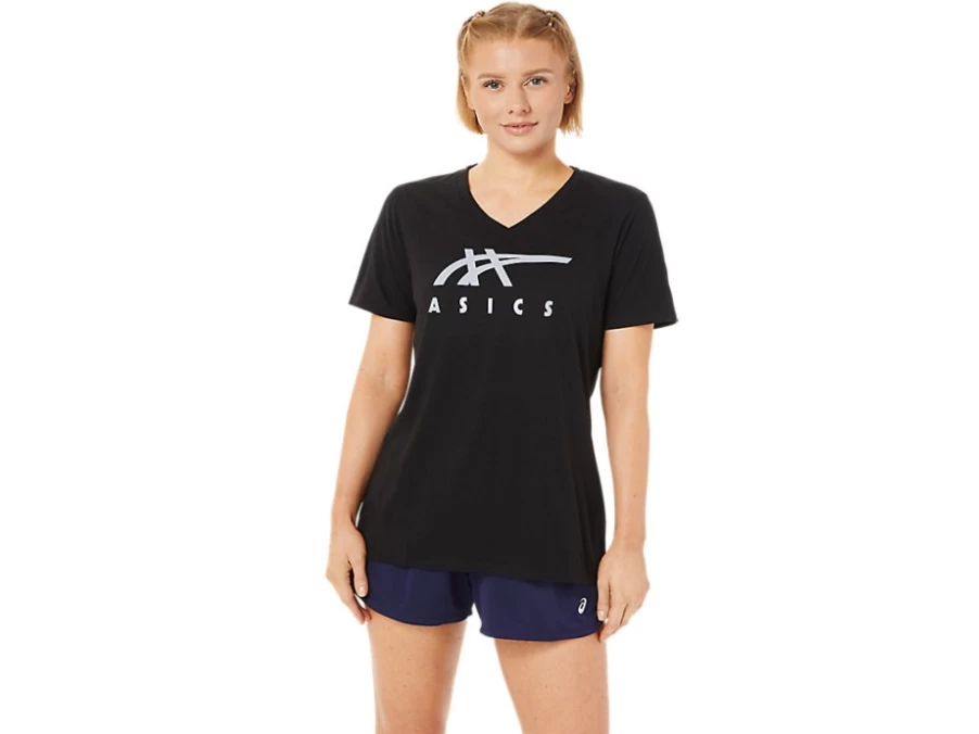 ASICS Women's Performance Black Stripes V-Neck T-Shirt