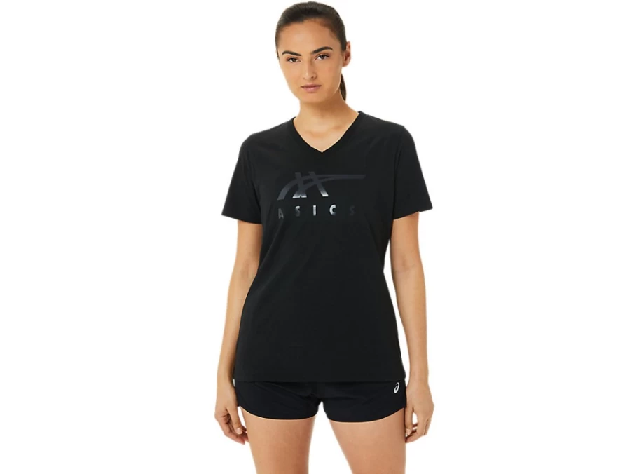 ASICS Women's Black Shine Stripes V-Neck T-Shirt – Athletic Running Top