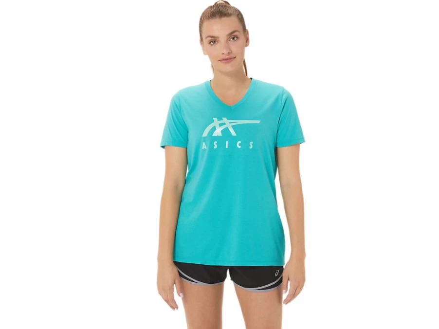 ASICS Women's Sea Glass Stripes V-Neck T-Shirt – Lightweight Athletic Top