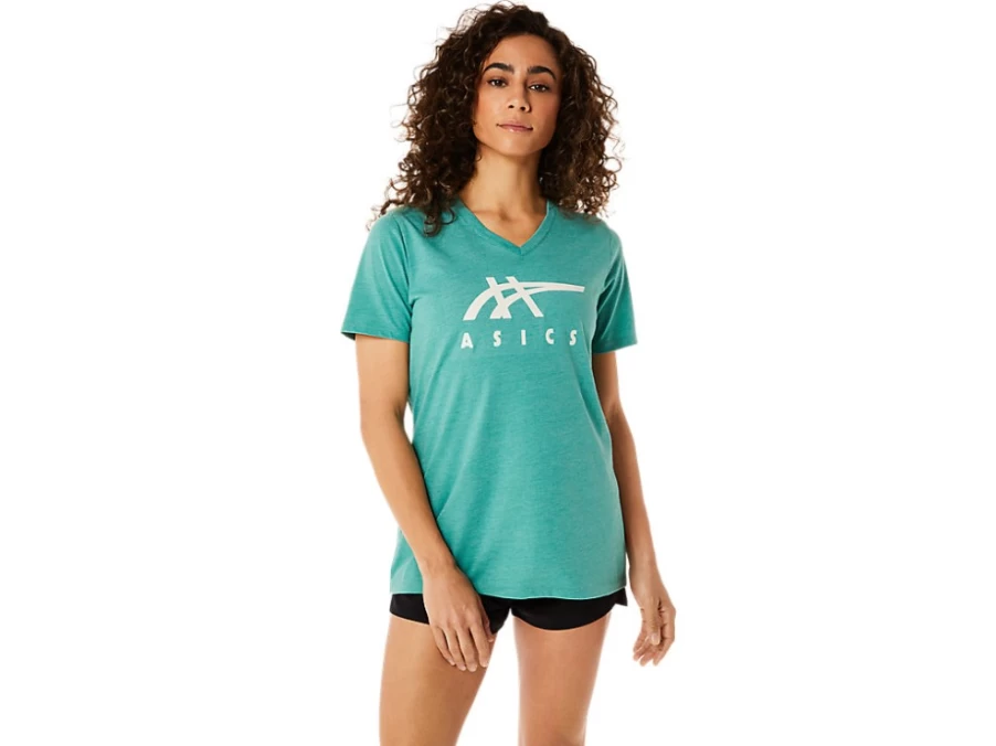 ASICS Women's Sage Heather Stripes V-Neck T-Shirt