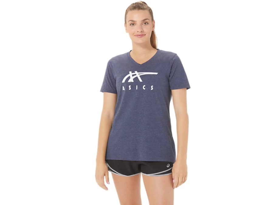 ASICS Women's Peacoat Heather Stripes V-Neck T-Shirt