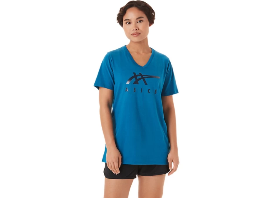 ASICS Women's Reborn Blue Stripes V-Neck T-Shirt – Lightweight Athletic Top