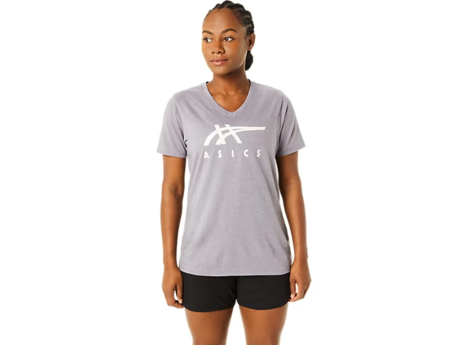 ASICS Women's Lavender Grey Heather Stripes V-Neck T-Shirt