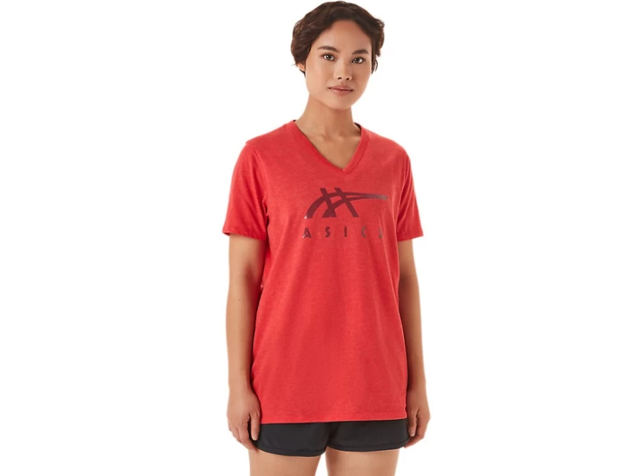 ASICS Women's Classic Red Heather Stripes V-Neck T-Shirt