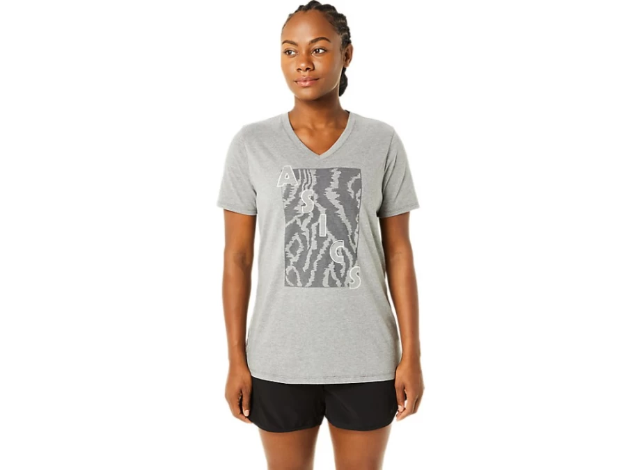 ASICS Women's Medium Grey Heather Short Sleeve V-Neck Printed T-Shirt