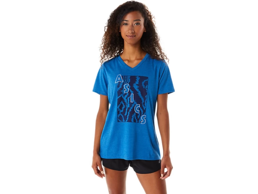 ASICS Women's Lake Drive Heather Short Sleeve V-Neck T-Shirt with Print