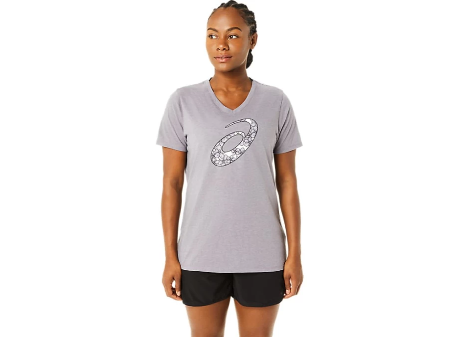 ASICS Women's V-Neck T-Shirt in Lavender Grey Heather - SS Cherry Blossom Design