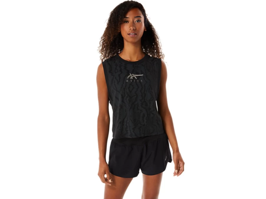 ASICS Women's Performance Black Allover Printed Muscle Crop Top
