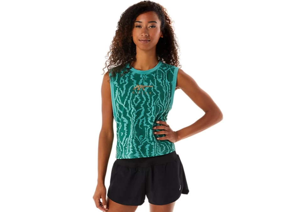 ASICS Women's Sage Heather Allover Printed Muscle Crop Top