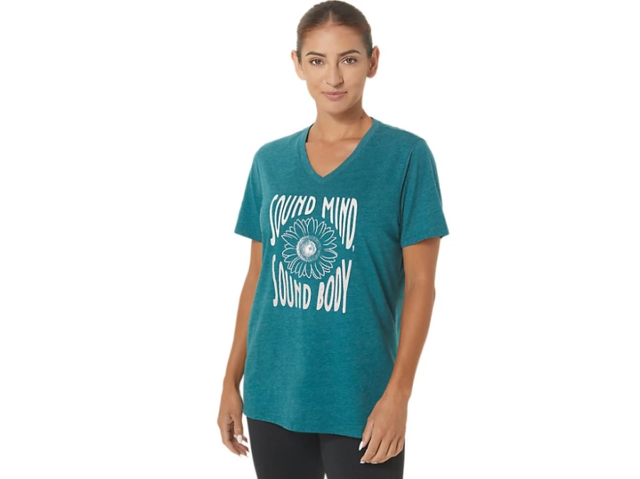 ASICS Women's Velvet Pine Heather Sunflower Slogan V-Neck T-Shirt