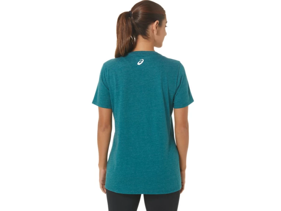 ASICS Women's Velvet Pine Heather Sunflower Slogan V-Neck T-Shirt