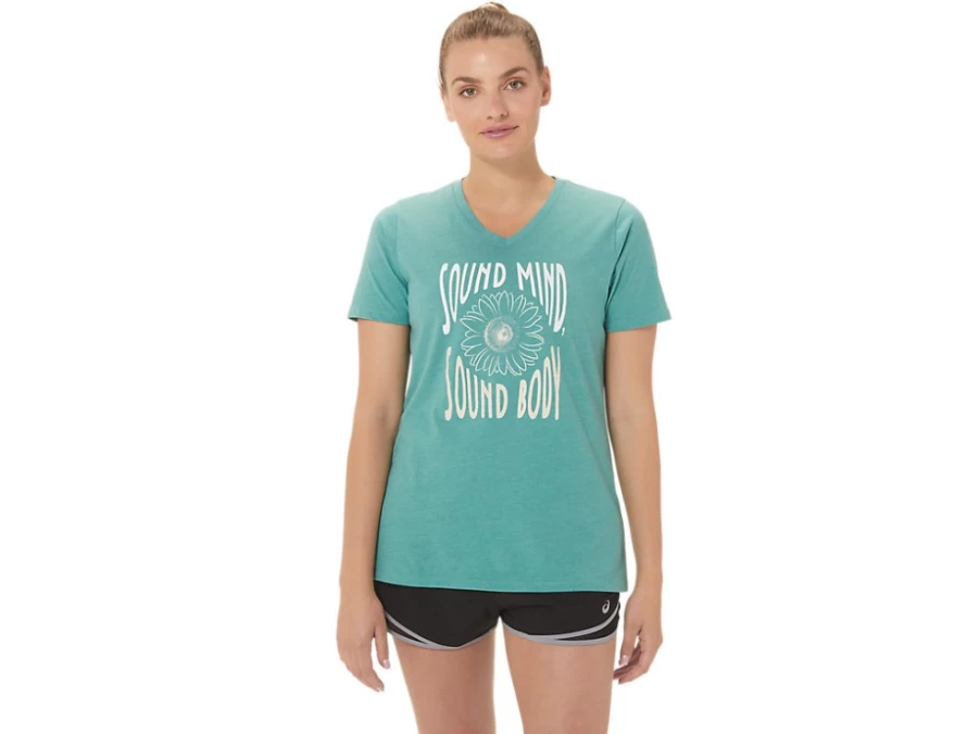 ASICS Women's Sage Heather Sunflower Slogan V-Neck T-Shirt