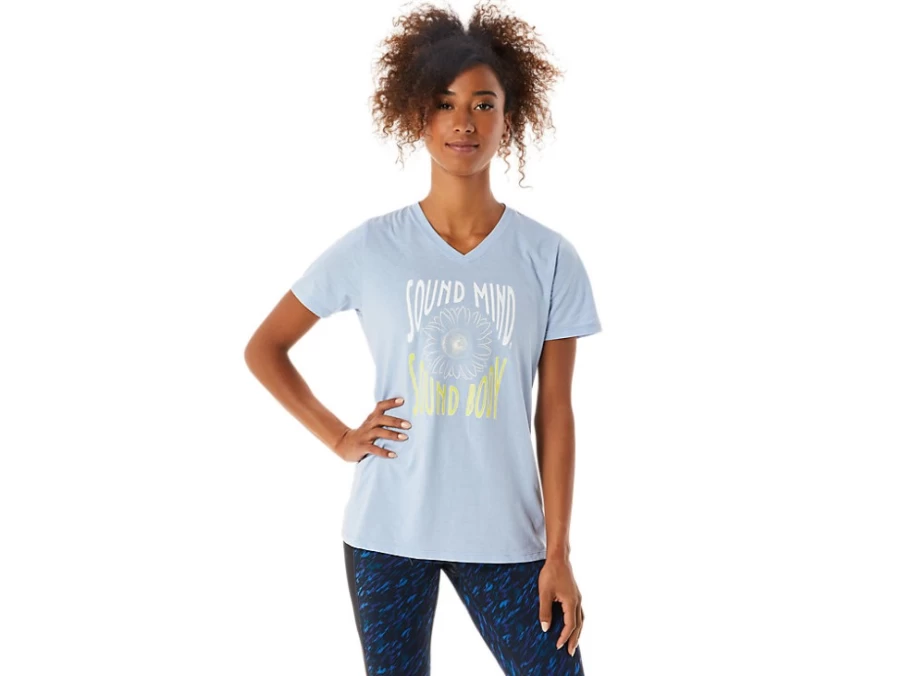 ASICS Women's Mist Heather Sunflower Slogan V-Neck T-Shirt
