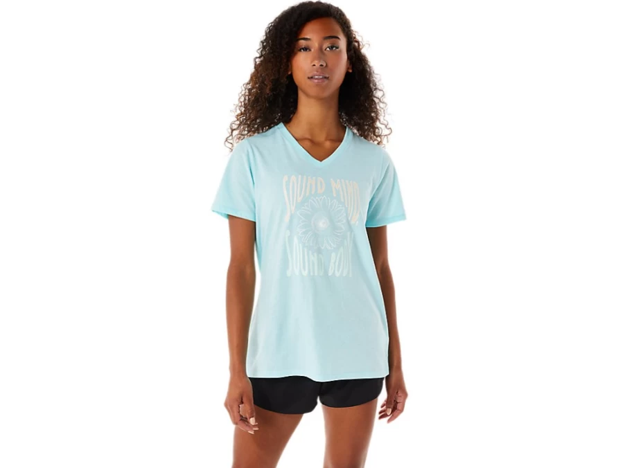 ASICS Women's Clear Blue Sunflower Slogan V-Neck T-Shirt