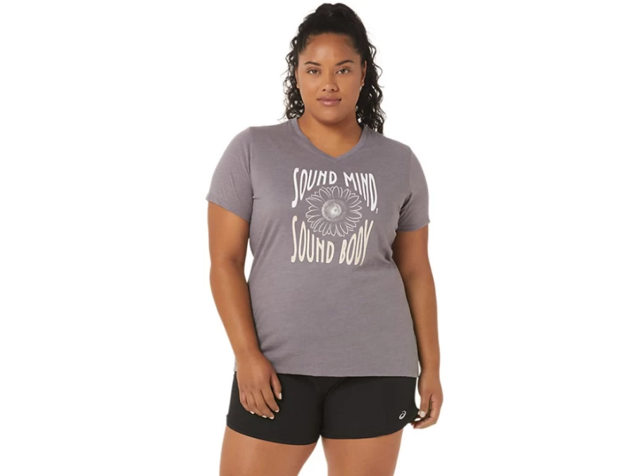 ASICS Women's Lavender Grey Heather Sunflower Slogan V-Neck T-Shirt