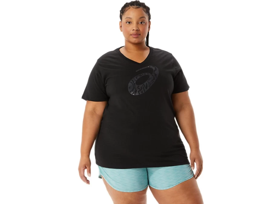 ASICS Women's W Spiral A Airbrush Tiger Print V-Neck T-Shirt in Performance Black