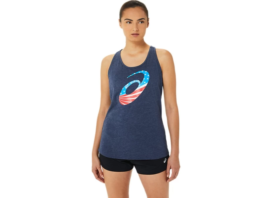 ASICS Women's W Spiral A Stars and Stripes Racerback Tank Top in Peacoat Heather