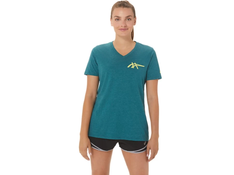 ASICS Women's 1977 Heritage Americana V-Neck T-Shirt in Velvet Pine Heather