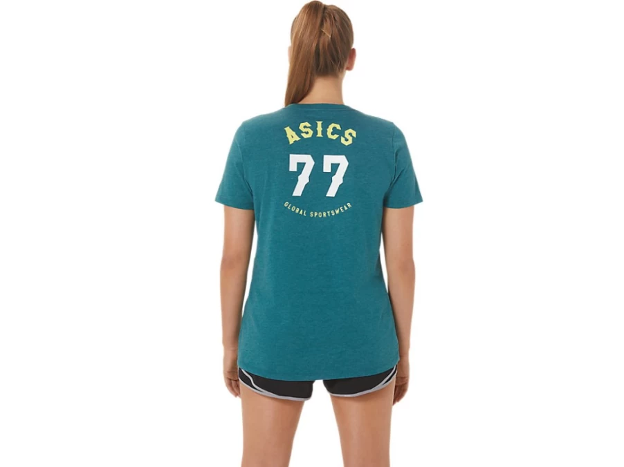 ASICS Women's 1977 Heritage Americana V-Neck T-Shirt in Velvet Pine Heather