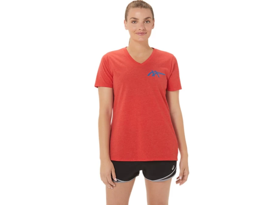 ASICS Women's 1977 Heritage Americana V-Neck T-Shirt in Classic Red Heather